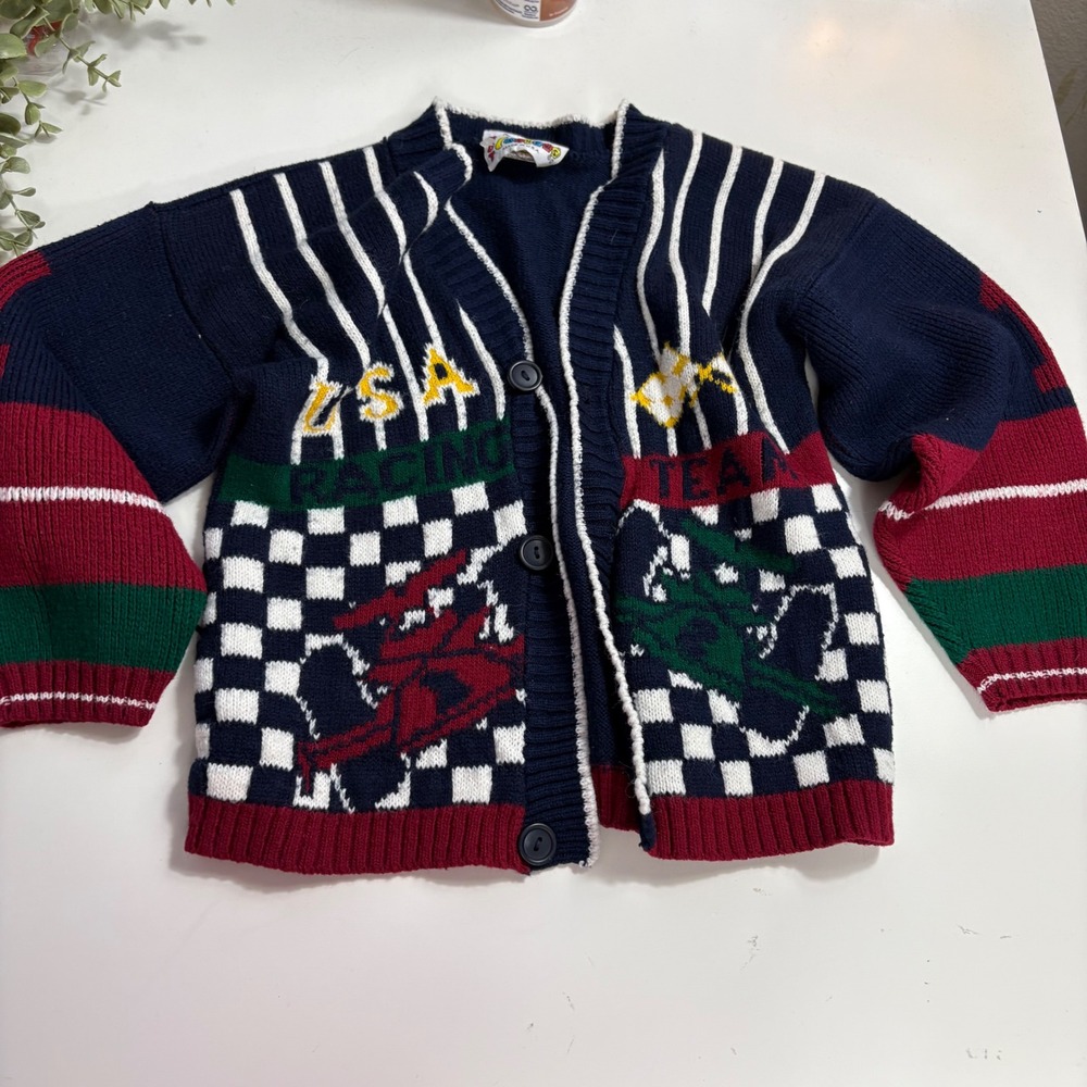 Hot Cashews Kids USA Racing Team Cardigan Sweater‎ Navy Blue Checkered Size 4/5